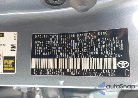 2020 Toyota Corolla Le z USA, uszkodzony, nr VIN 5YFEPRAE4LP146105